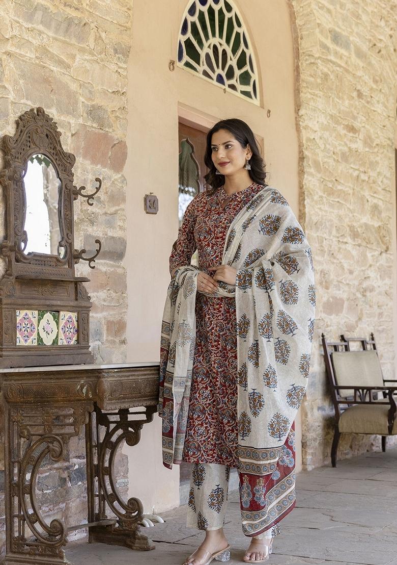 Maroon Printed Cotton Palazzo Set With Dupatta