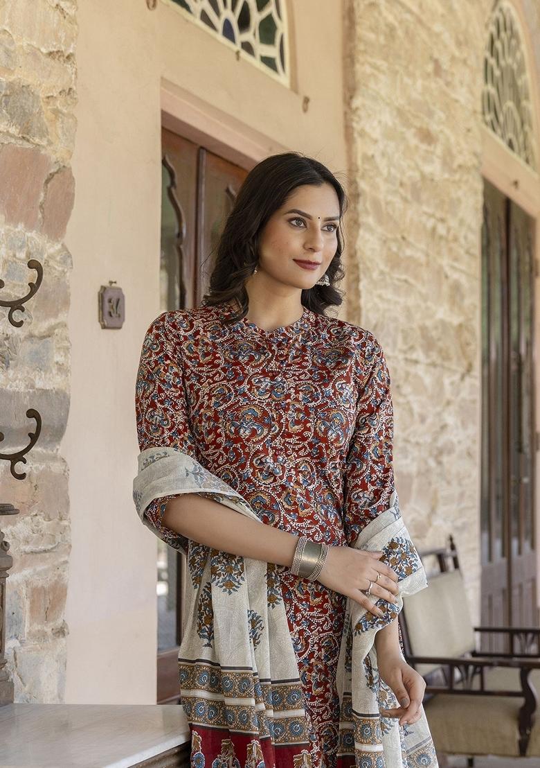 Maroon Printed Cotton Palazzo Set With Dupatta