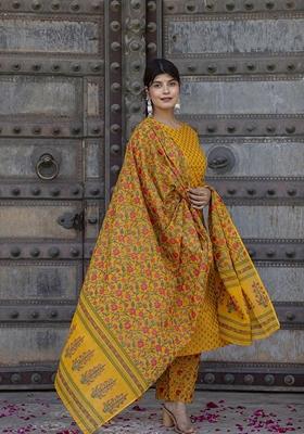 Mustard Yellow Printed Cotton Palazzo Set With Dupatta