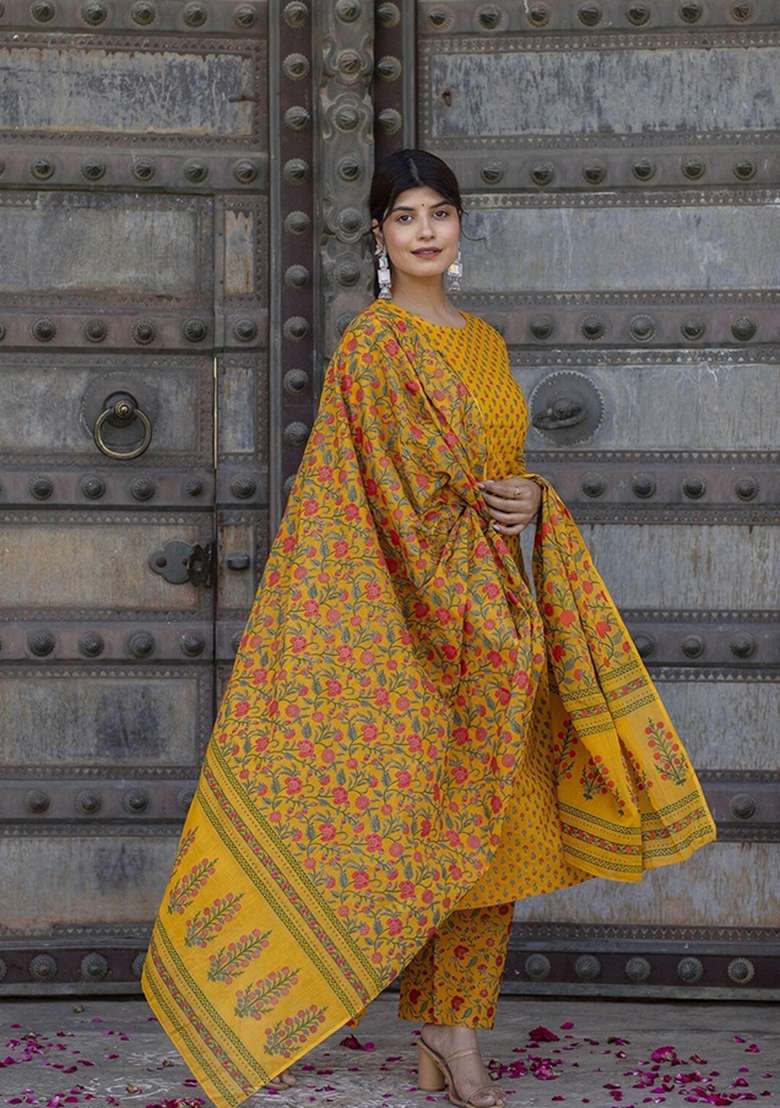 Mustard Yellow Floral Print Cotton Straight Kurta Set - Indya
