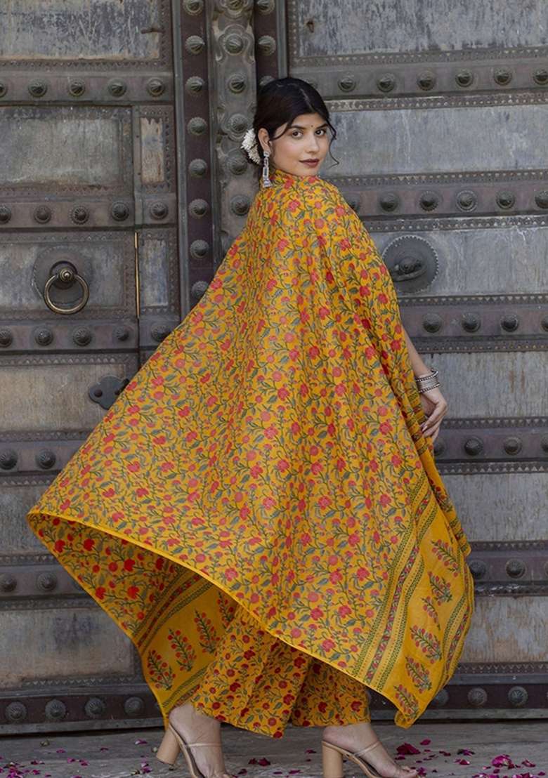 Mustard Yellow Floral Print Cotton Straight Kurta Set - Indya