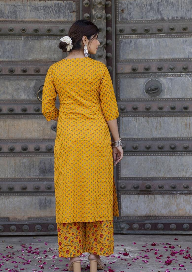 Mustard Yellow Printed Cotton Palazzo Set With Dupatta