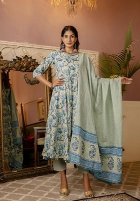 Sage Green Printed Cotton Salwar Kameez With Dupatta