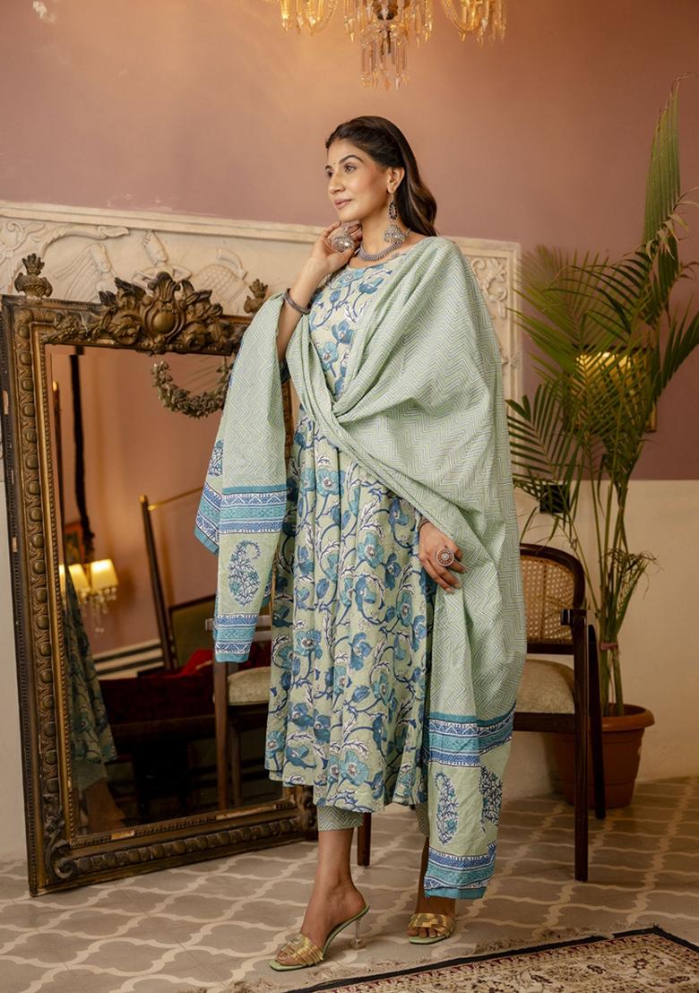 Sage Green Printed Cotton Salwar Kameez With Dupatta