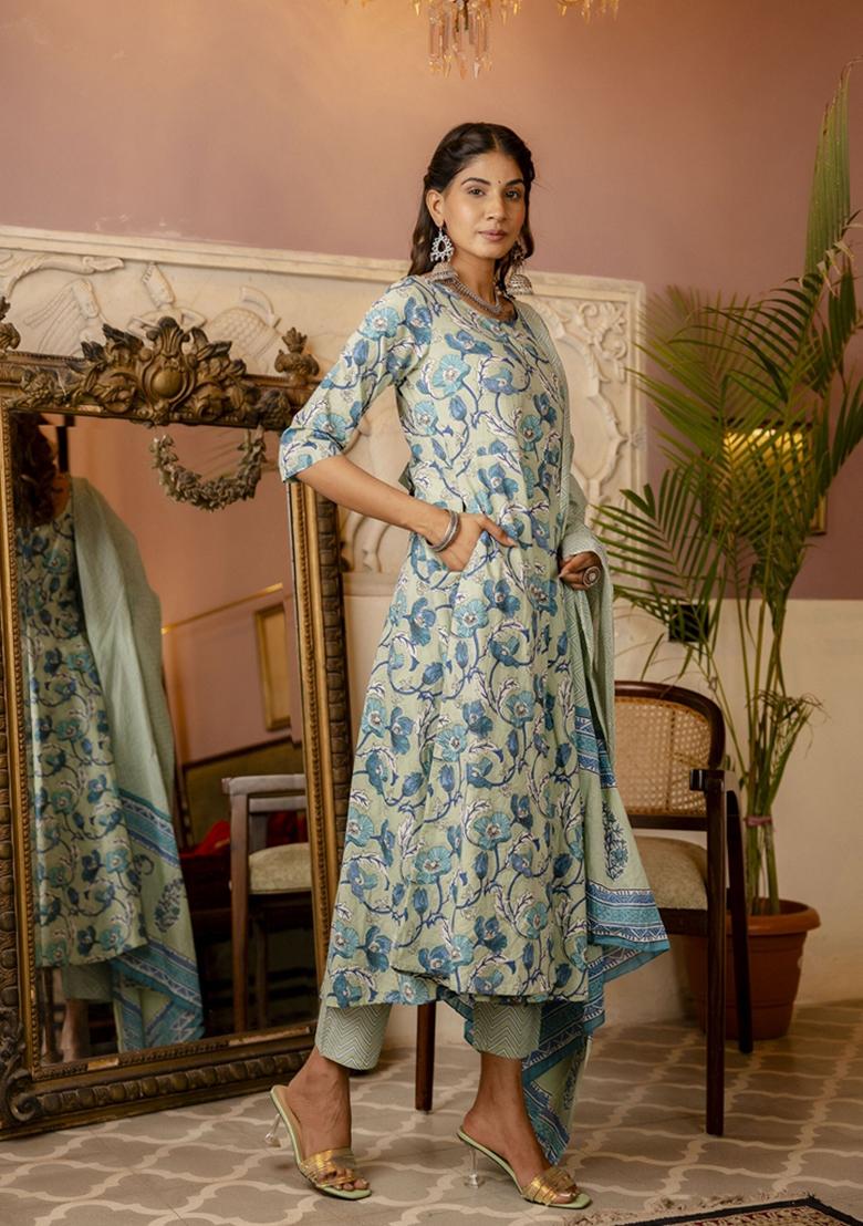 Sage Green Printed Cotton Salwar Kameez With Dupatta