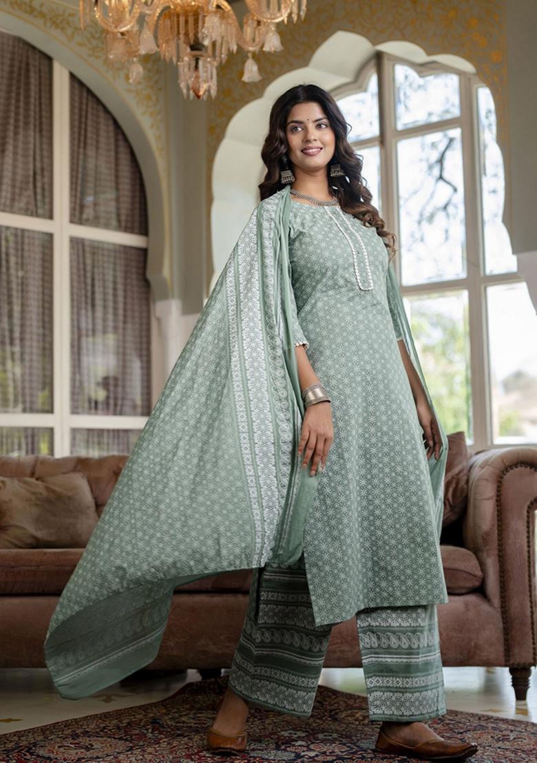 Green Printed Cotton Palazzo Set With Dupatta