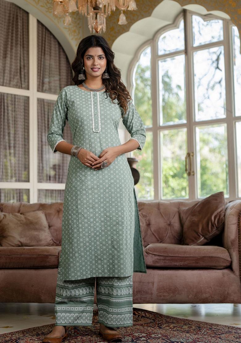 Green Printed Cotton Palazzo Set With Dupatta