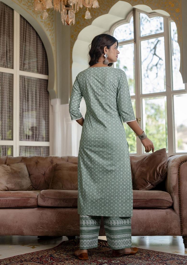 Green Printed Cotton Palazzo Set With Dupatta