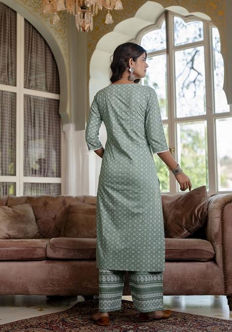 Green Printed Cotton Palazzo Set With Dupatta