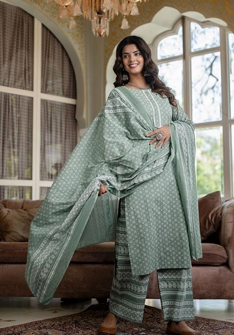 Green Printed Cotton Palazzo Set With Dupatta