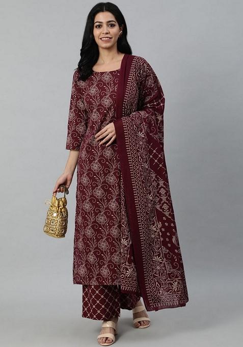 Burgundy Printed Pure Cotton Palazzo Set With Dupatta