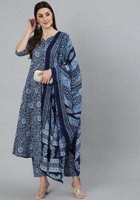 Blue Printed Pure Cotton Palazzo Set With Dupatta
