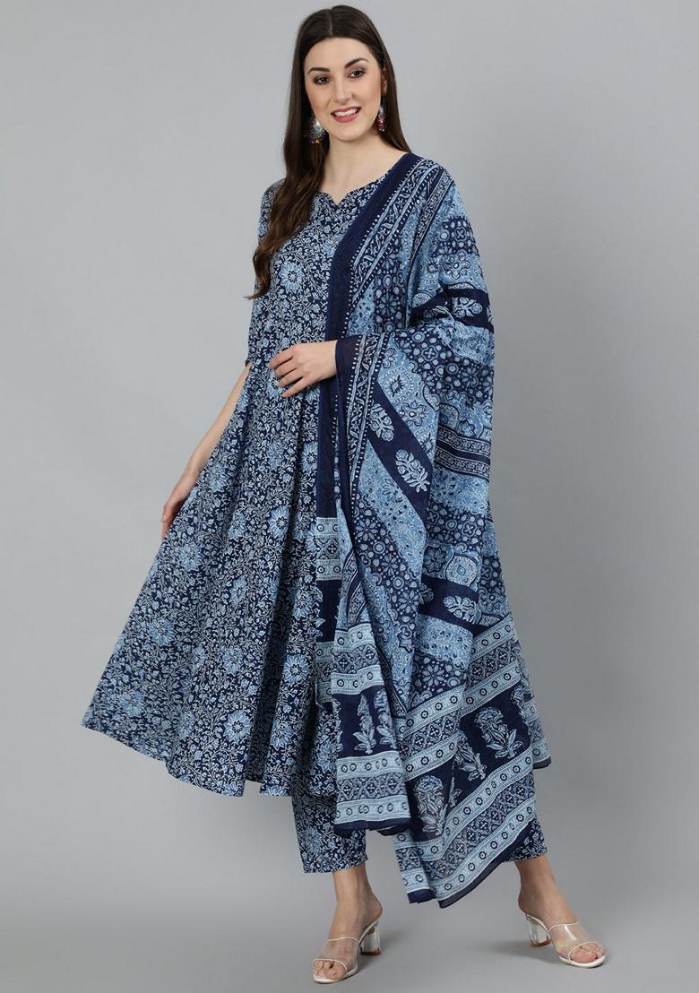 Blue Printed Pure Cotton Palazzo Set With Dupatta