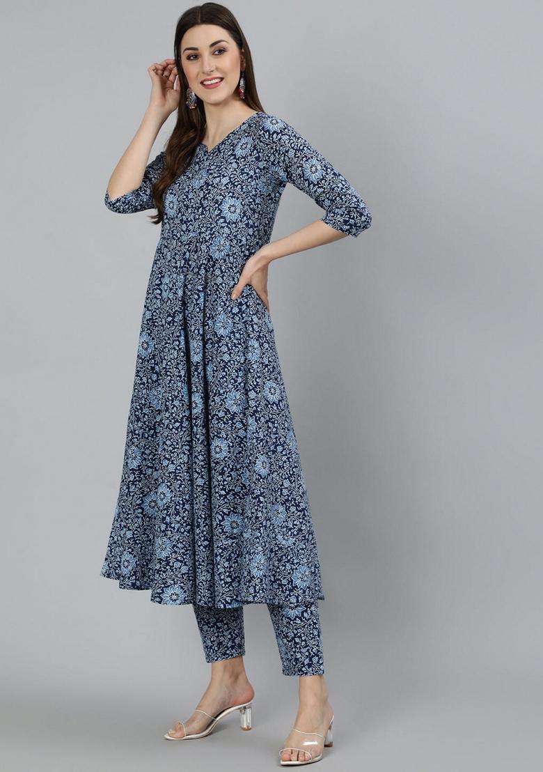 Blue Printed Pure Cotton Palazzo Set With Dupatta