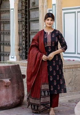 Black Printed Cotton Palazzo Set With Dupatta