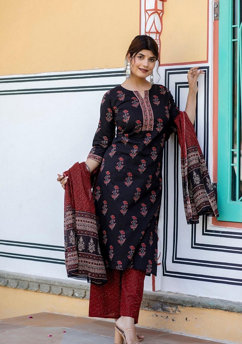 Black Printed Cotton Palazzo Set With Dupatta