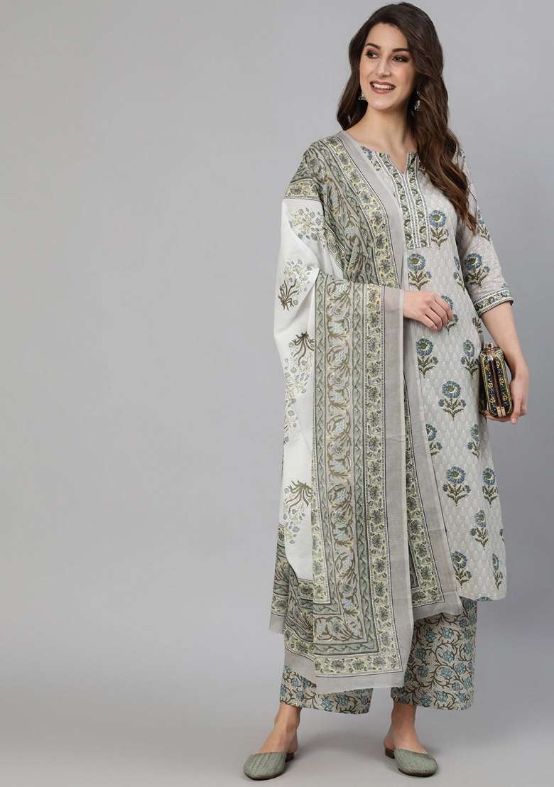 Grey Floral Print Cotton Straight Kurta Set - Indya