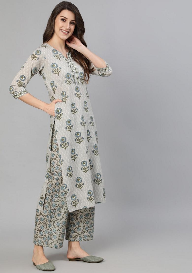 Grey Printed Pure Cotton Palazzo Set With Dupatta