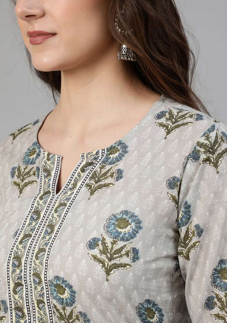Grey Floral Print Cotton Straight Kurta Set - Indya