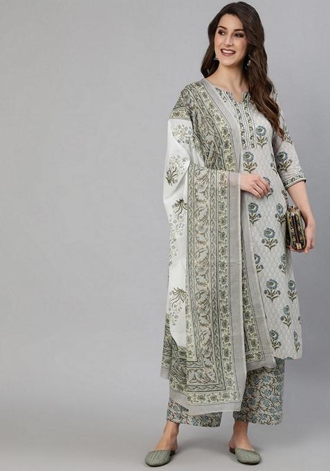 Grey Printed Pure Cotton Palazzo Set With Dupatta
