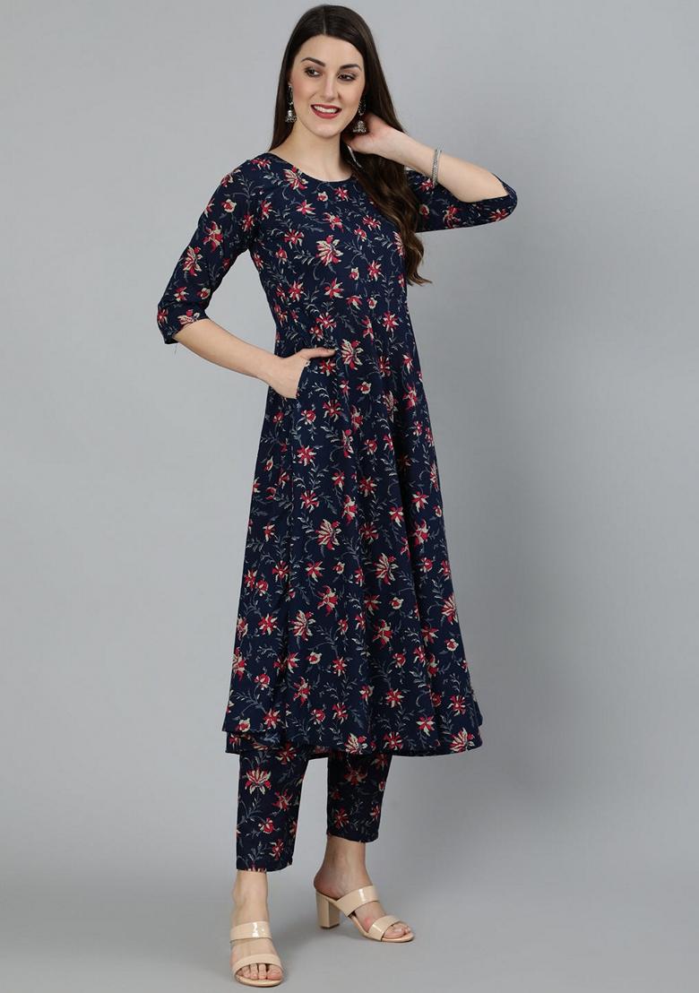 Navy Blue Printed Pure Cotton Salwar Kameez With Dupatta