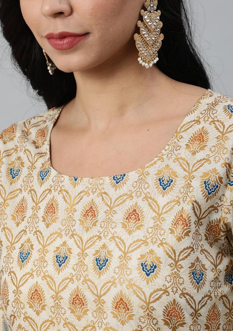 Cream Printed Pure Cotton Palazzo Set With Dupatta