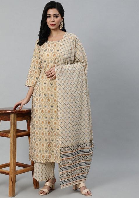Cream Printed Pure Cotton Palazzo Set With Dupatta