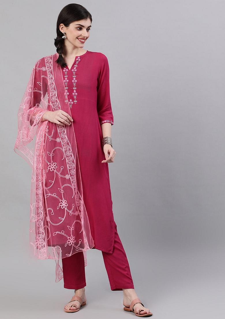 Burgundy Embroidered Rayon Palazzo Set With Dupatta