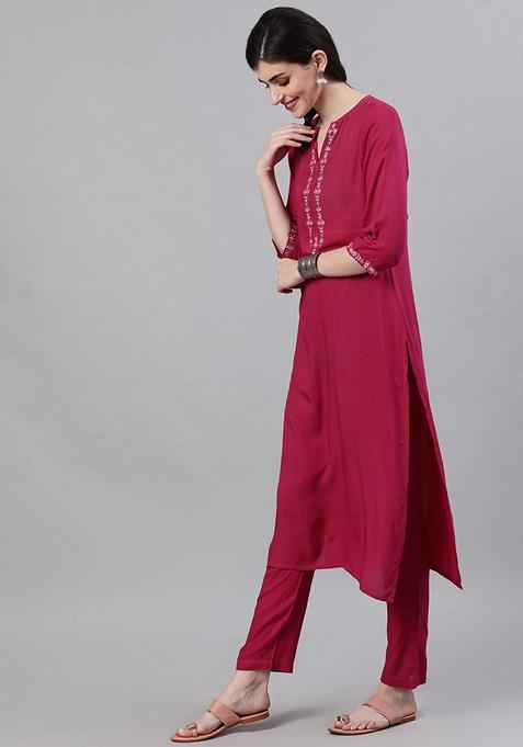 Burgundy Embroidered Rayon Palazzo Set With Dupatta