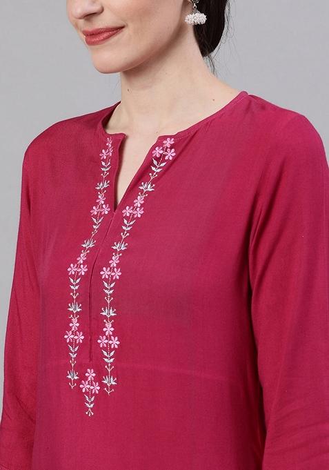 Burgundy Embroidered Rayon Palazzo Set With Dupatta