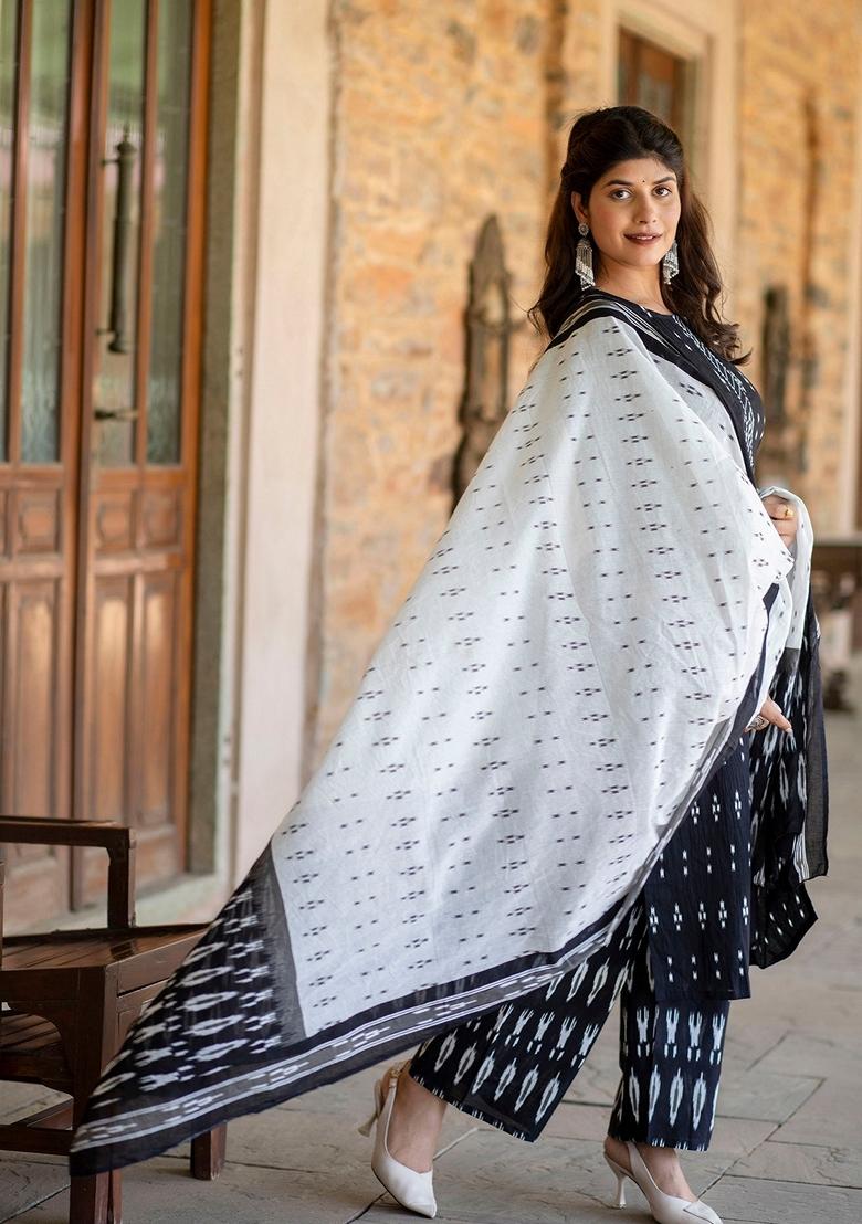 Black Printed Cotton Palazzo Set With Dupatta
