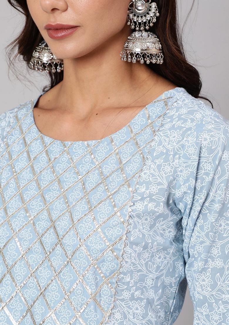 Light Blue Printed Pure Cotton Salwar Kameez With Dupatta