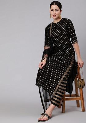 Black Printed Rayon Palazzo Set With Dupatta