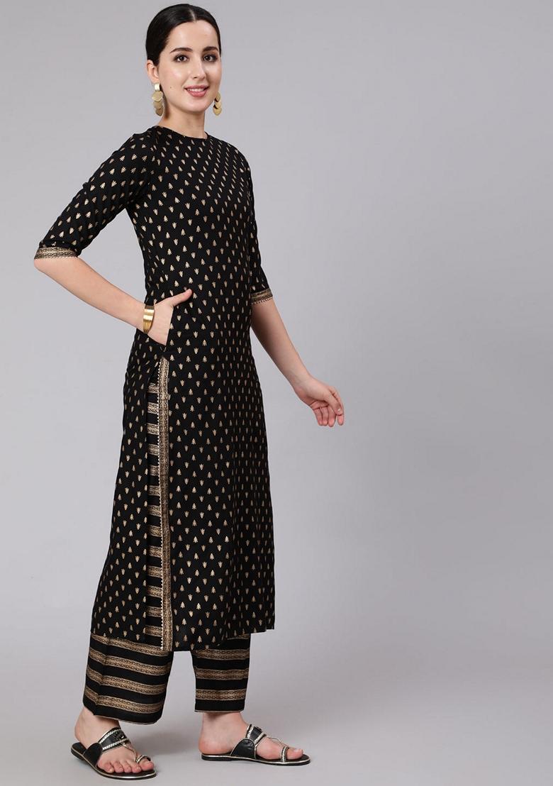 Black Printed Rayon Palazzo Set With Dupatta