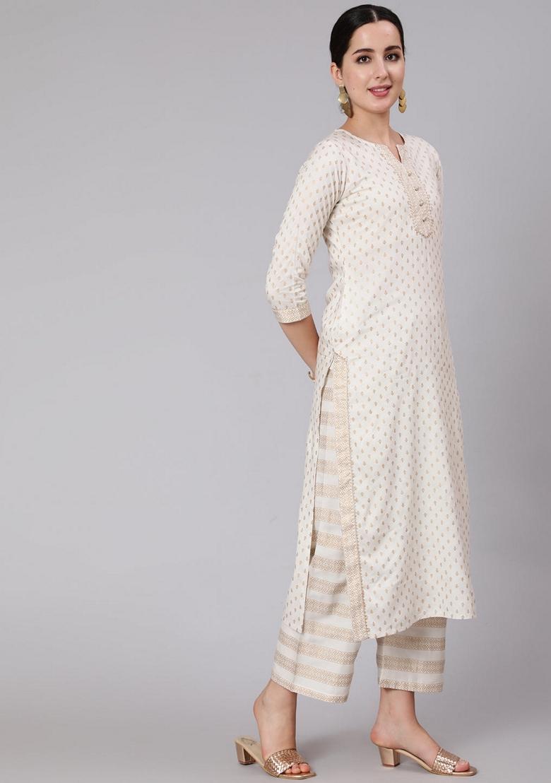 White Printed Rayon Palazzo Set With Dupatta