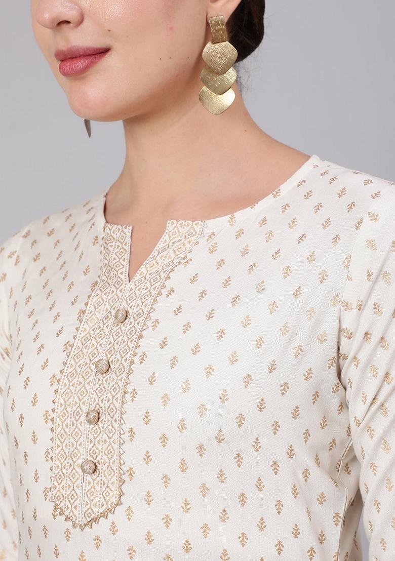 White Printed Rayon Palazzo Set With Dupatta