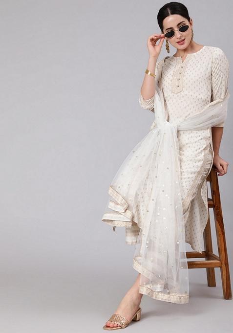White Printed Rayon Palazzo Set With Dupatta