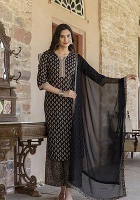 Black Printed Cotton Palazzo Set With Dupatta