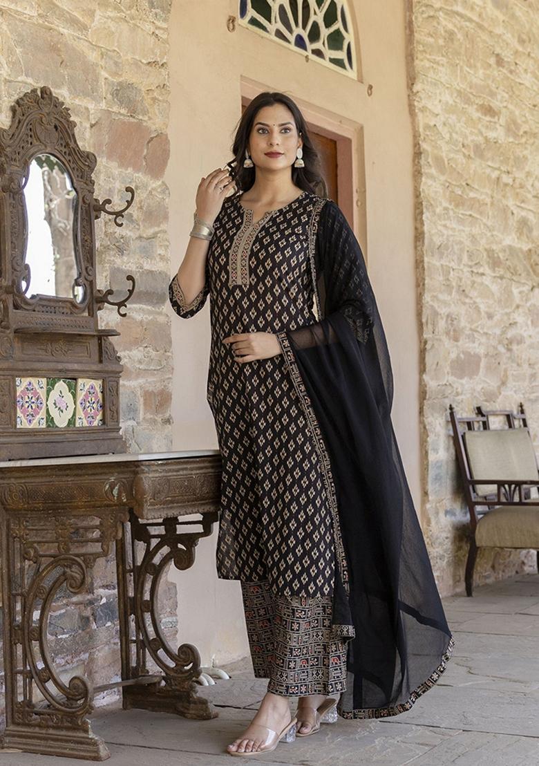 Black Printed Cotton Palazzo Set With Dupatta