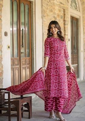 Red Printed Cotton Palazzo Set With Dupatta
