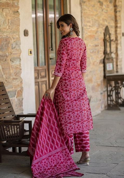 Red Printed Cotton Palazzo Set With Dupatta
