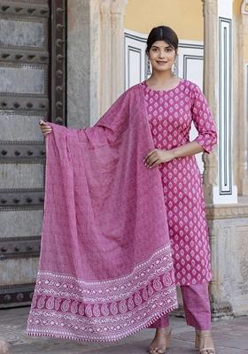 Pink Printed Cotton Palazzo Set With Dupatta