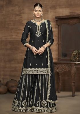 Black Embroidererd Silk Sharara Set With Dupatta
