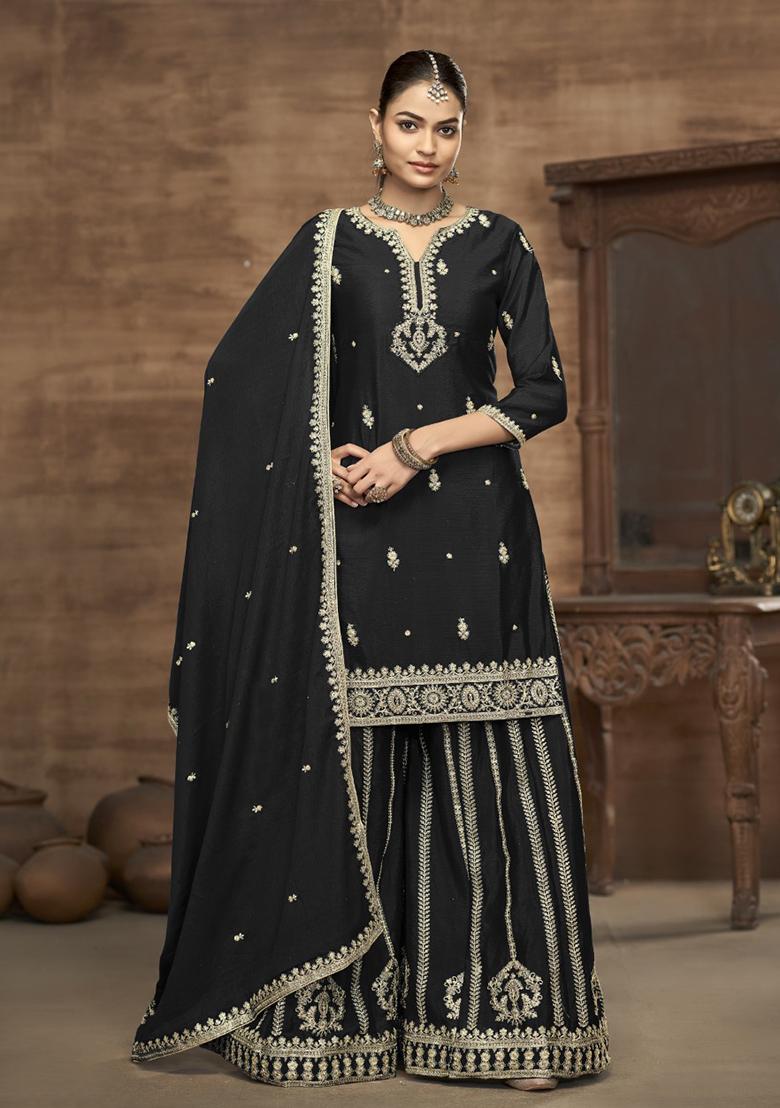 Black Embroidererd Silk Sharara Set With Dupatta
