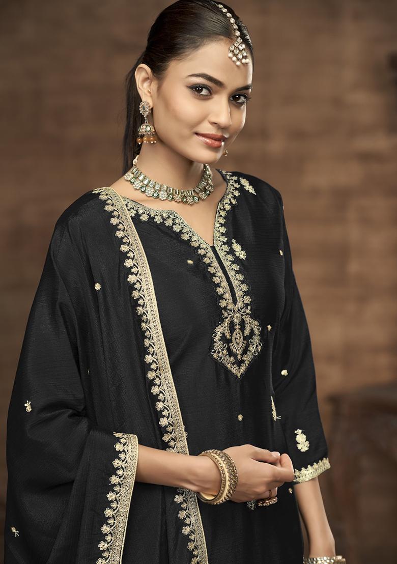 Black Embroidererd Silk Sharara Set With Dupatta