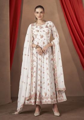 White Embroidererd Georgette Anarkali Set With Dupatta