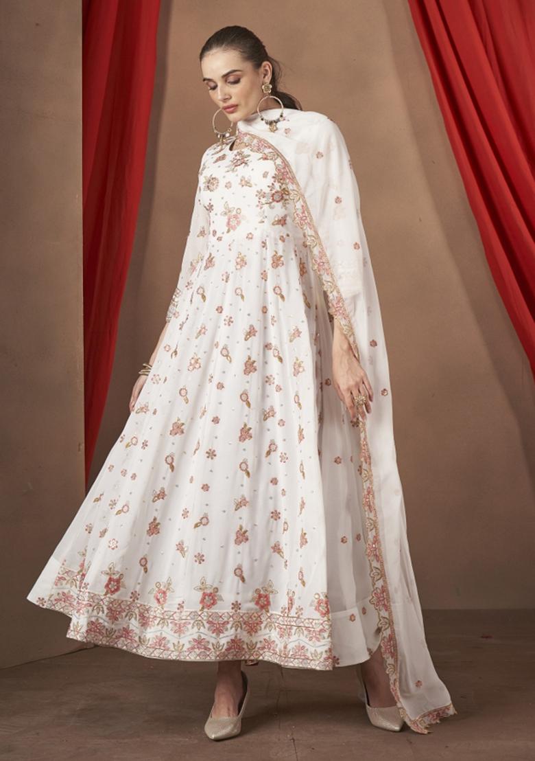 White Embroidererd Georgette Anarkali Set With Dupatta