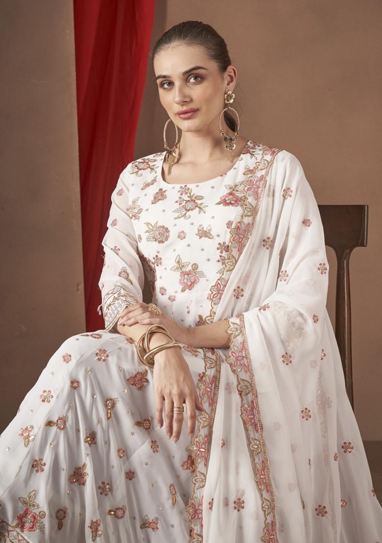White Embroidererd Georgette Anarkali Set With Dupatta