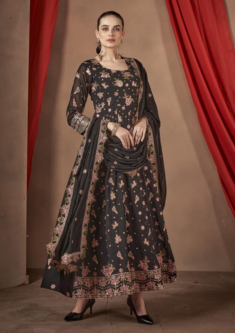 Black Embroidererd Georgette Anarkali Set With Dupatta