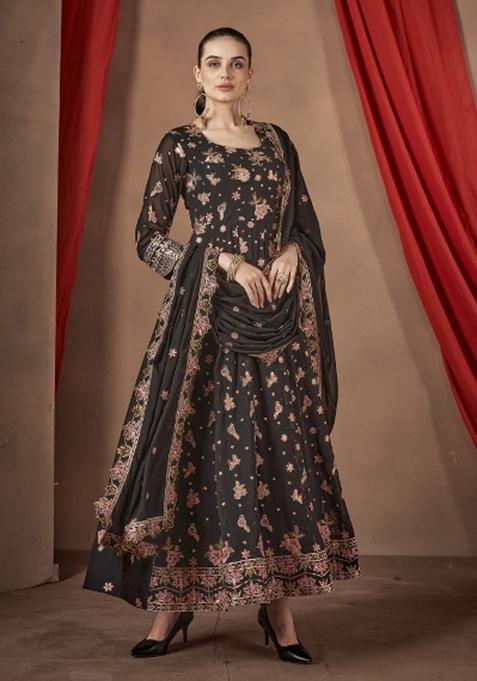 Black Embroidererd Georgette Anarkali Set With Dupatta